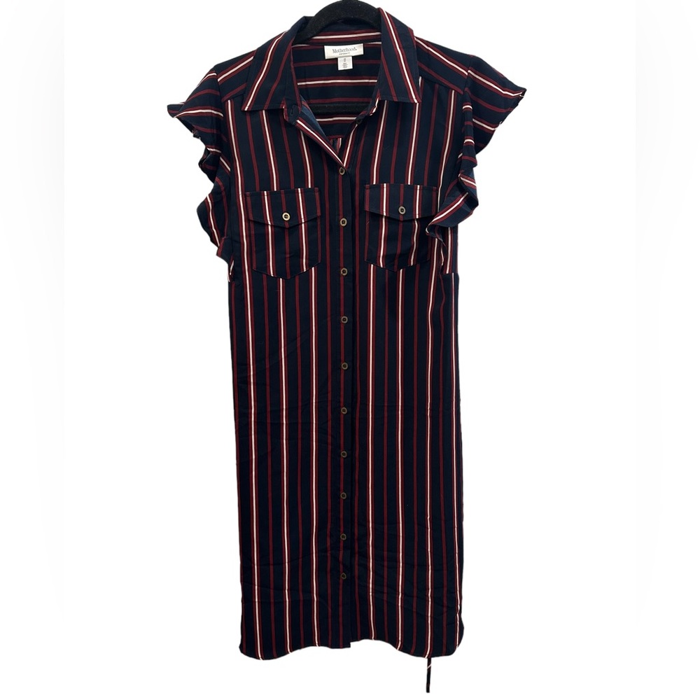 motherhood Maternity Blue/Red Striped Pockets Button Front Dress Womens Size M